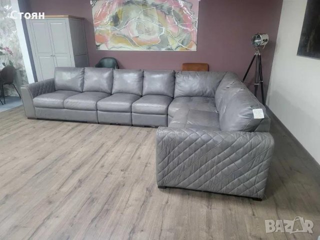 Голям сив кожен ъглов диван, снимка 8 - Дивани и мека мебел - 43290361