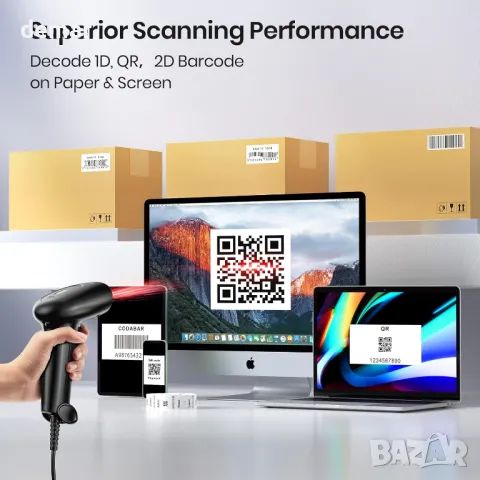Скенер за баркодове Anyeast със стойка, USB кабелен инвентарен 2D/1D QR код скенер, снимка 3 - Друга електроника - 49885950