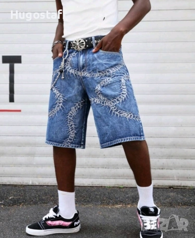 Нови бродирани къси панталони дънки Л, снимка 5 - Дънки - 51546290