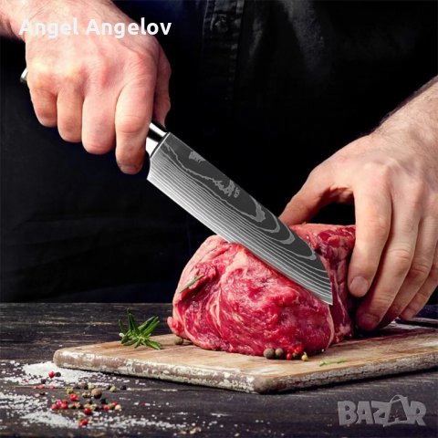 Нож Santoku от високовъглеродна стомана 5-инчови кухненски ножове за рязане на зеленчуци, плодове, , снимка 5 - Ножове - 43238937