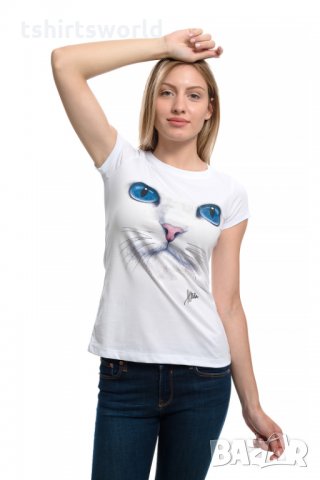 Страхотна нова дамска бяла тениска с 3D принт Котка със сини очи, снимка 5 - Тениски - 29126635
