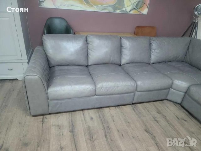 Голям сив кожен ъглов диван, снимка 5 - Дивани и мека мебел - 43290361