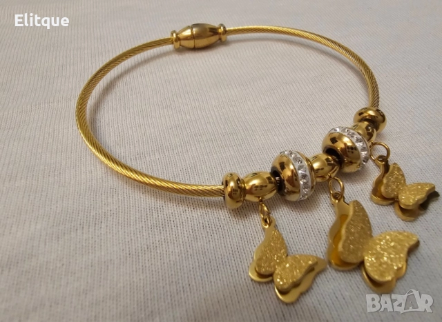 Елегантна дамска твърда гривна от медицинска стомана с бляскави пеперуди и камъни цирконии, снимка 2 - Гривни - 52895185