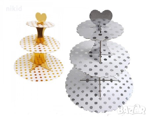 3 етажна Триетажна поставка стойка за мъфини картонена Злато Сребро Точки кексчета