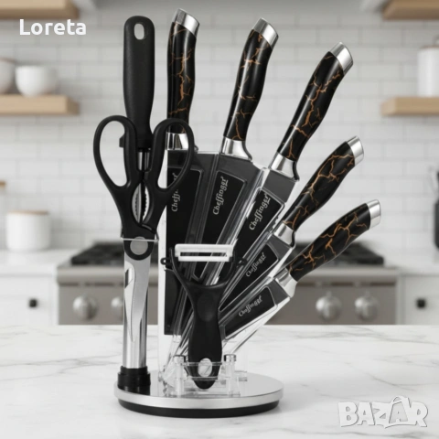 Комплект уреди за рязане Cheffinger – 9 части с мраморно покритие, стойка, точило и белачка, снимка 5 - Аксесоари за кухня - 53436168