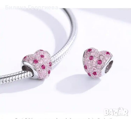 Сребърен талисман за гривна Пандора Сърце розови кристали Модел 085, снимка 3 - Гривни - 43465284
