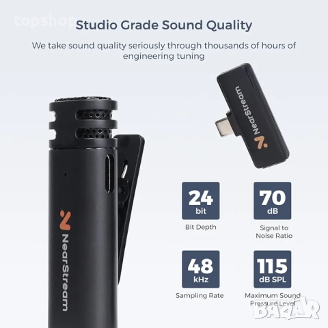 Нови в оригиналната опаковка микрофони nearstream aw awm10t. Безжичени микрофони за iPhone, Android, снимка 4 - Микрофони - 51728481