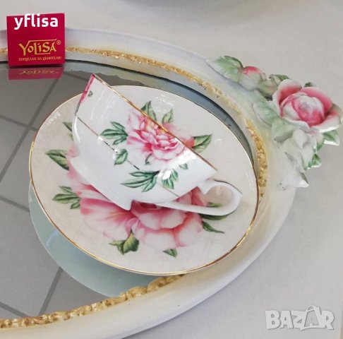 Луксозен сервиз за кафе и чай от костен порцелан със рози, снимка 2 - Сервизи - 27679370