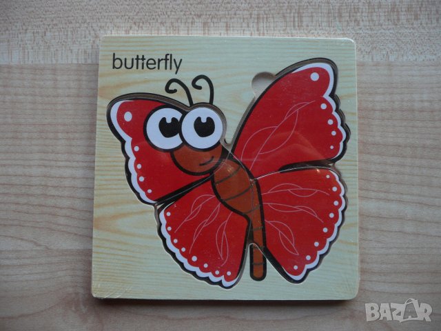 Дървен пъзел Пеперудка за най-малките играчка дървена пеперуда червена царска
