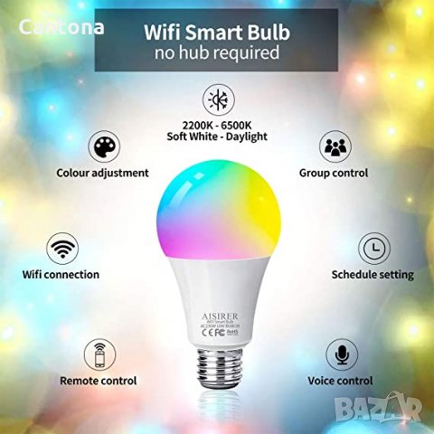10W, 1000LM Smart Wi-Fi RGBВ LED Light Bulb, 2700-6500К, Alexa, Google Home, снимка 2 - Крушки - 33924273
