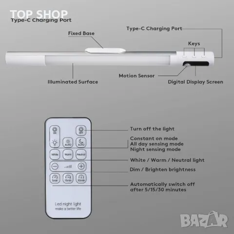 2 бр. акумулаторна магнитна безжична лентова лампа, 44 светодиода, сензор за движение, дистанционно, снимка 7 - Лампи за стена - 49522747