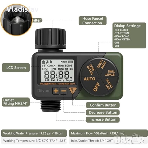 Контролер за напояване Diivoo WT-06, автоматичен/ръчен режим, снимка 3 - Напояване - 52459042