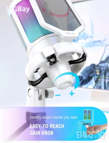 Mикрофон FIFINE A2 с RGB подсветка + стойка, USB Type-C, Бял, снимка 9 - Друга електроника - 51840926