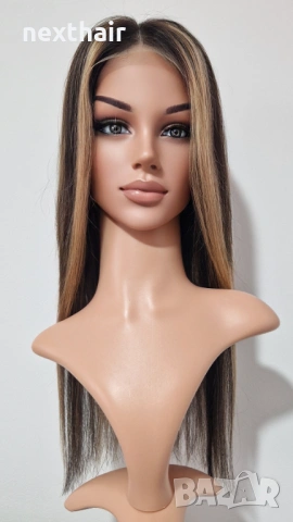 Естествена черна перука с руси кичури - 55 см, дантелена зона 4х4, снимка 8 - Аксесоари за коса - 53148642