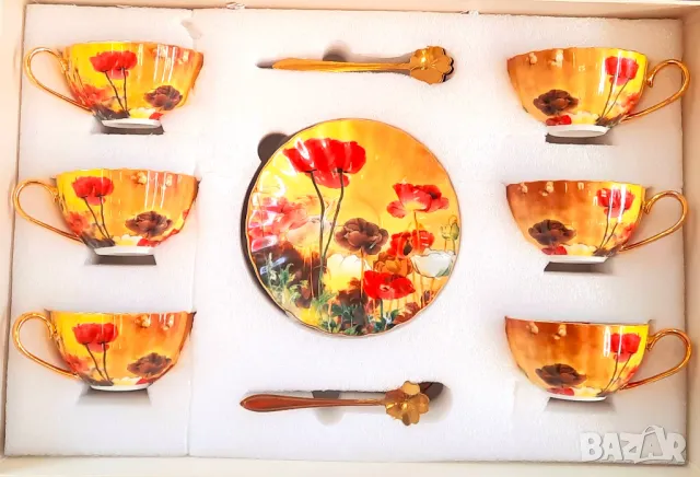  Фин костен порцелан ЧАШИ за КАФЕ и ЧАЙ с Мак, снимка 2 - Чаши - 28394376