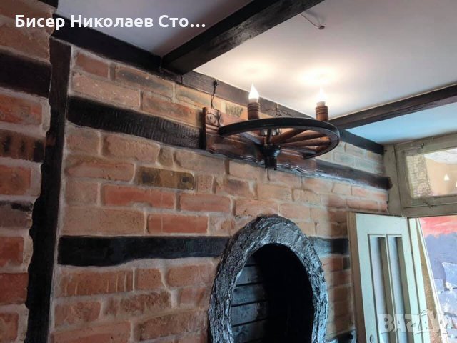 Етно стенна лампа-аплик от колело на каруца с ръчно изработени дървени чашки!, снимка 16 - Лампи за стена - 9066252