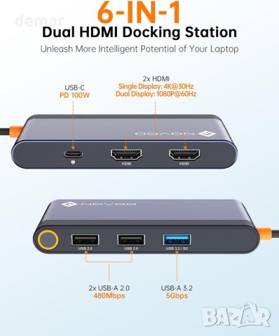 NOVOO USB-C към двоен HDMI 4K 30HZ, 100W PD, 4 USB порта, снимка 2 - Други - 43002884