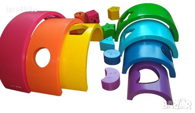 НАМАЛЕНА ЦЕНА! Голяма дървена цветна дъга Монтесори с фигури за поместване, снимка 4 - Образователни игри - 43368626