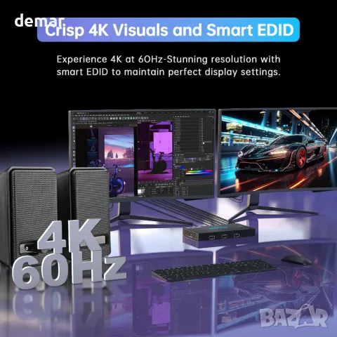 4K/60Hz HDMI KVM превключвател USB 3.0, 2 монитора - 2 компютъра EDID, снимка 3 - Кабели и адаптери - 47329841