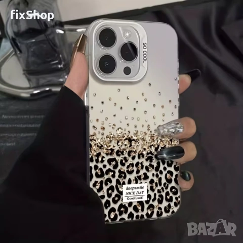 Калъф за iPhone 17 Pro – луксозен дизайн с камъни и леопардов принт – Нов