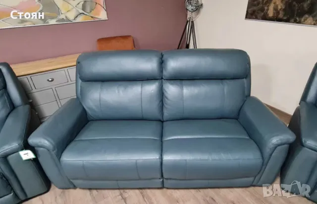 Тюркоазено син кожен комплект - диван тройка и два фотьойла La-z-boy, снимка 8 - Дивани и мека мебел - 49936251