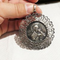 Възрожденска Сребърна икона, амулет, накит, медальон с Богородица, Дева Мария - Панагия 60 мм - Бого, снимка 5 - Антикварни и старинни предмети - 32350179