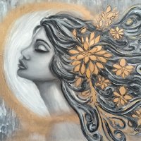 Жена със златисти цветя в косите маслена картина , снимка 3 - Картини - 43446698