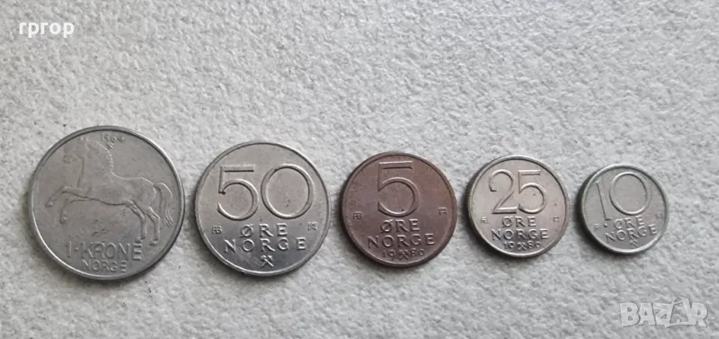 Норвегия . 5 ,10, 25 ,50 оре и 1  крона   .  До 1980 година. Стара емисия., снимка 1