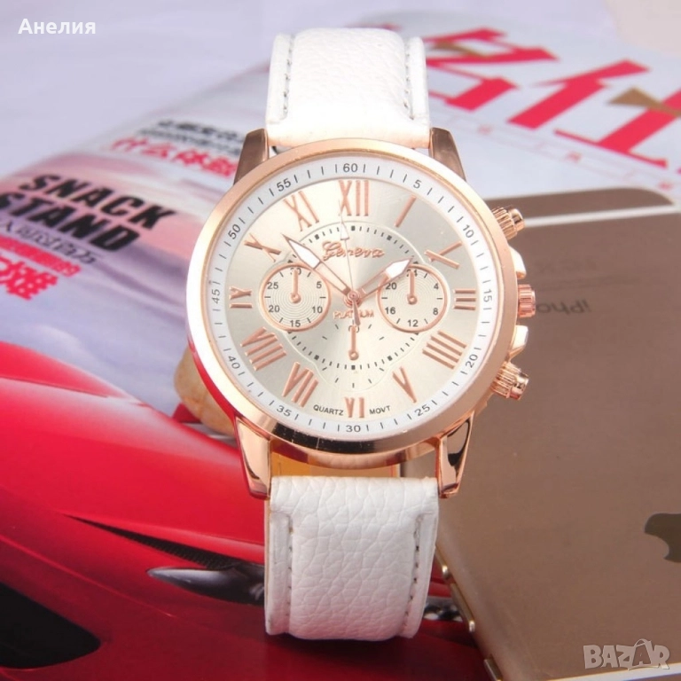 . Дамски елегантен кварцов часовник с кръгъл циферблат и кожена каишка, снимка 1