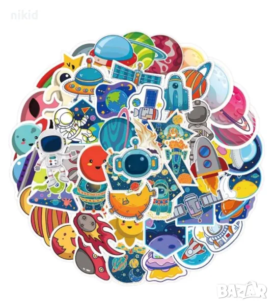 50 бр Космос планети ракета космически самозалепващи лепенки стикери за украса декор картонена торта, снимка 1