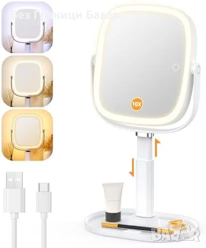 Ново Огледало с LED светлина, 10X увеличение, стойка и батерия 4000mAh, снимка 1