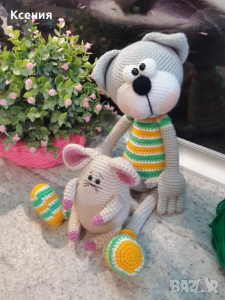 Котка+мишка, плетена, ръчно изработени,прекрасен подарък, снимка 1
