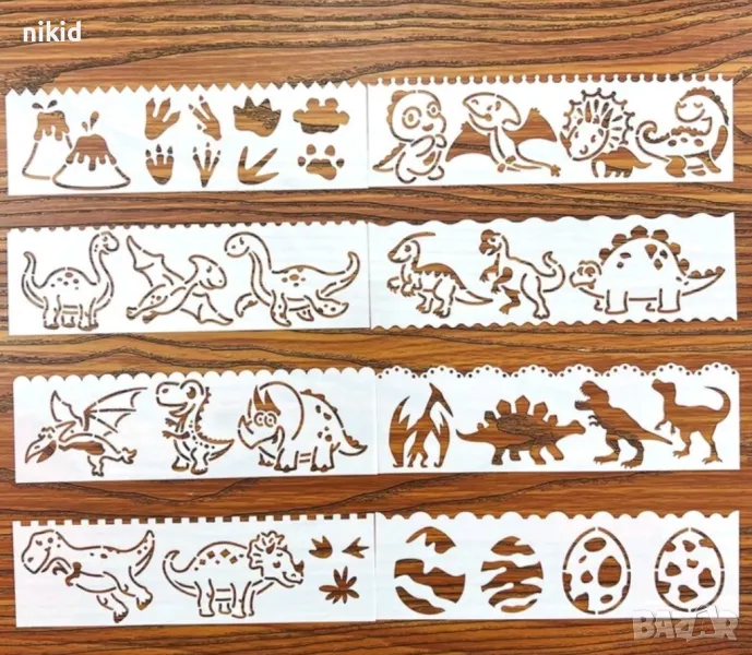 8 бр Динозавър Динозаври декорации правоъгълни шаблон стенсил за торта украса Scrapbooking, снимка 1