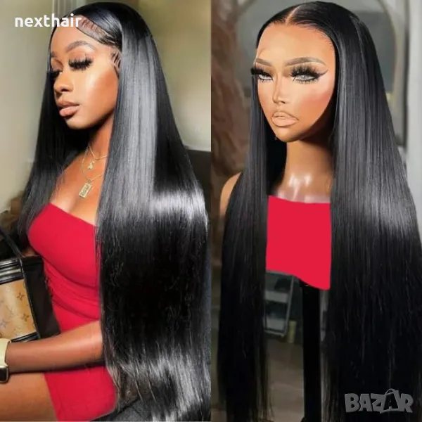 80 см Дълга черна копринено права синтетична перука с дантела 13*6 лейс фронт LACE FRONT, снимка 1