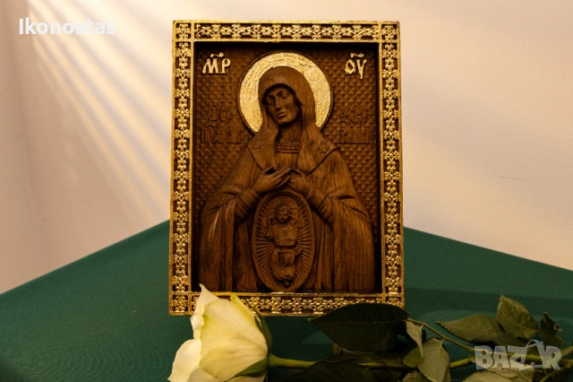 Релефна икона на Св. Богородица Знамение от масивен дъб, снимка 6 - Икони - 53223348