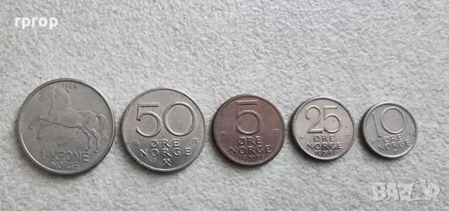 Норвегия . 5 ,10, 25 ,50 оре и 1  крона   .  До 1980 година. Стара емисия., снимка 1