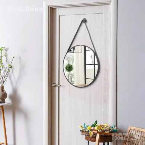 Елегантно кръгло огледало с черна рамка и кожена каишка, снимка 6 - Други стоки за дома - 48870141