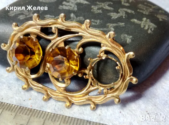 ИЗЯЩНА СТАРИННА ПОЗЛАТЕНА АР НУВО БРОШКА с ЮВЕЛИРНО ФАСЕТИРАН ЦИТРИН 29249, снимка 3 - Антикварни и старинни предмети - 48734068