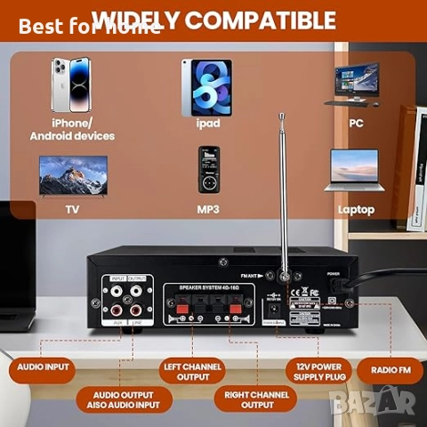 Мини Bluetooth 5.0 усилвател, HiFi стерео с миксер с USB/SD карта/вход за микрофон/FM , снимка 5 - Ресийвъри, усилватели, смесителни пултове - 51472925