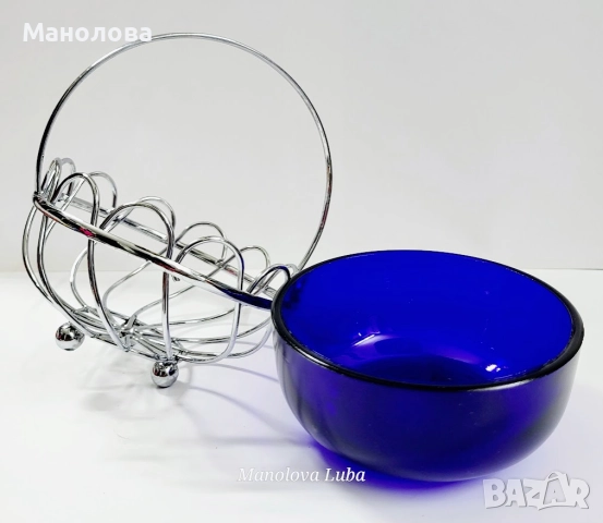 Винтидж купа за бонбони от синьо стъкло Bristol със посребрена поставка., снимка 4 - Други ценни предмети - 52371357