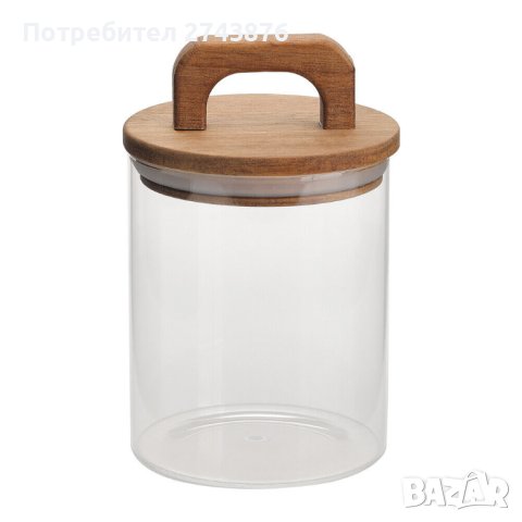 Стъклен буркан с бамбуков капак с дръжка, Ф 10 x 15 см, 1л., снимка 1 - Аксесоари за кухня - 43943508