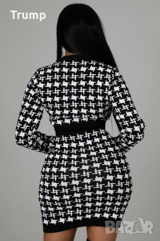 -50 % елегантна рокля машинно плетиво, десен бяло-черно, снимка 2 - Рокли - 43860820