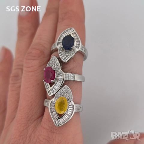 сребърен пръстен с естествен син или жълт сапфир, рубин, снимка 2 - Пръстени - 52278556