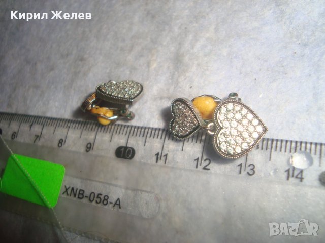 СТАРИ МЕДНИ ПОСРЕБРЕНИ РЕТРО АР НУВО РЕТРО КЛИПС ОБЕЦИ - СЪРЧИЦА с ФАСЕТИРАНИ ЦИРКОНЧЕТА 27658, снимка 4 - Антикварни и старинни предмети - 37722155