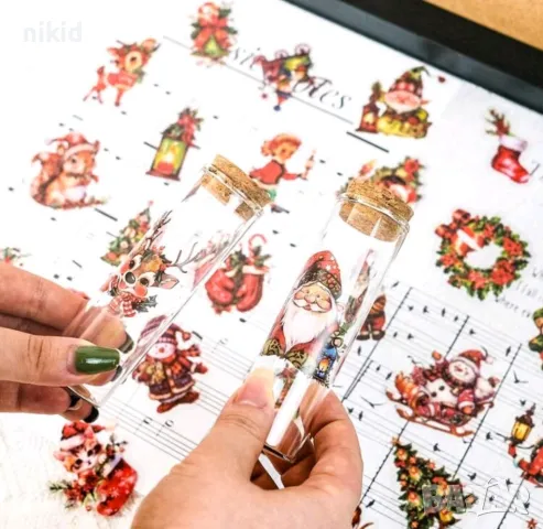 50 бр прозрачни коледни весели самозалепващи лепенки стикери за украса декор картонена торта и др, снимка 6 - Други - 48410529