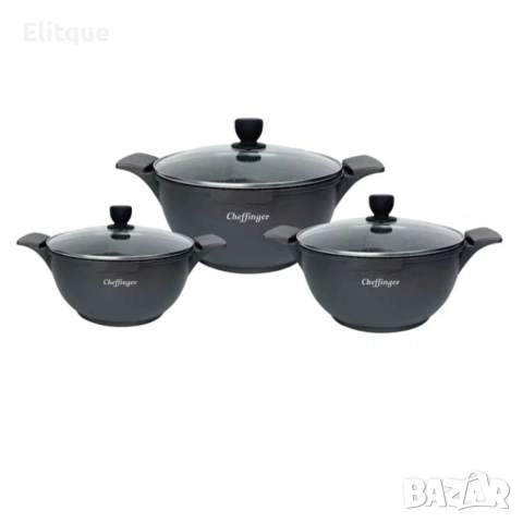 Комплект от 3 тенджери Cheffinger с мраморно покритие 20/24/28 см с капаци , снимка 3 - Съдове за готвене - 53151075