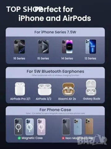 Ново UGREEN 15W безжично зарядно Qi стойка станция за iPhone и AirPods, снимка 6 - Аксесоари за Apple - 49249311