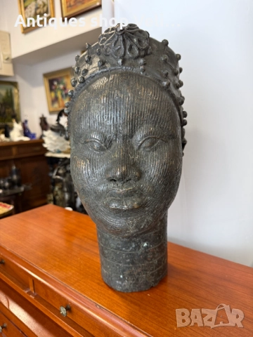 Африканско изкуство бронзова глава Бенин №7390 , снимка 5 - Антикварни и старинни предмети - 51880842