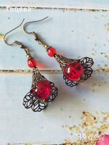  Разкошните обици Магнолия в рубинено червено с прекрасно цвете в цвят Античен бронз , снимка 3 - Обеци - 33664629