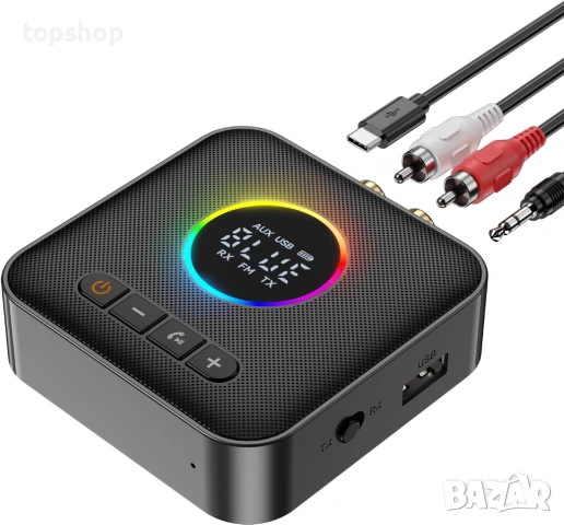 Нов 2-в-1 Bluetooth 5.4 Приемник и Предавател MOREGAX M10 – RGB, Дисплей, FM и USB 